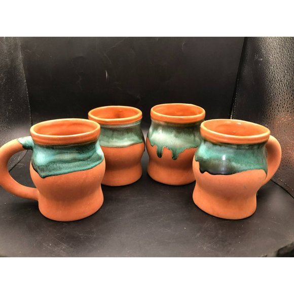 4 Red Clay Terracotta Green Drip Glaze Coffee Tea Mug Cup USA 90s - Picture 1 of 10